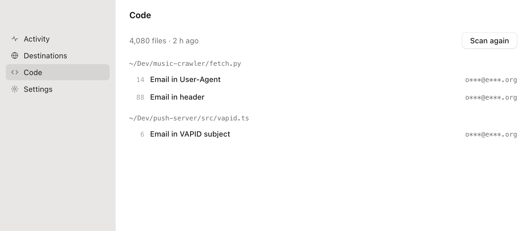 Muzzle's Code view: 4,080 files scanned, an email found in a User-Agent and in a VAPID subject.